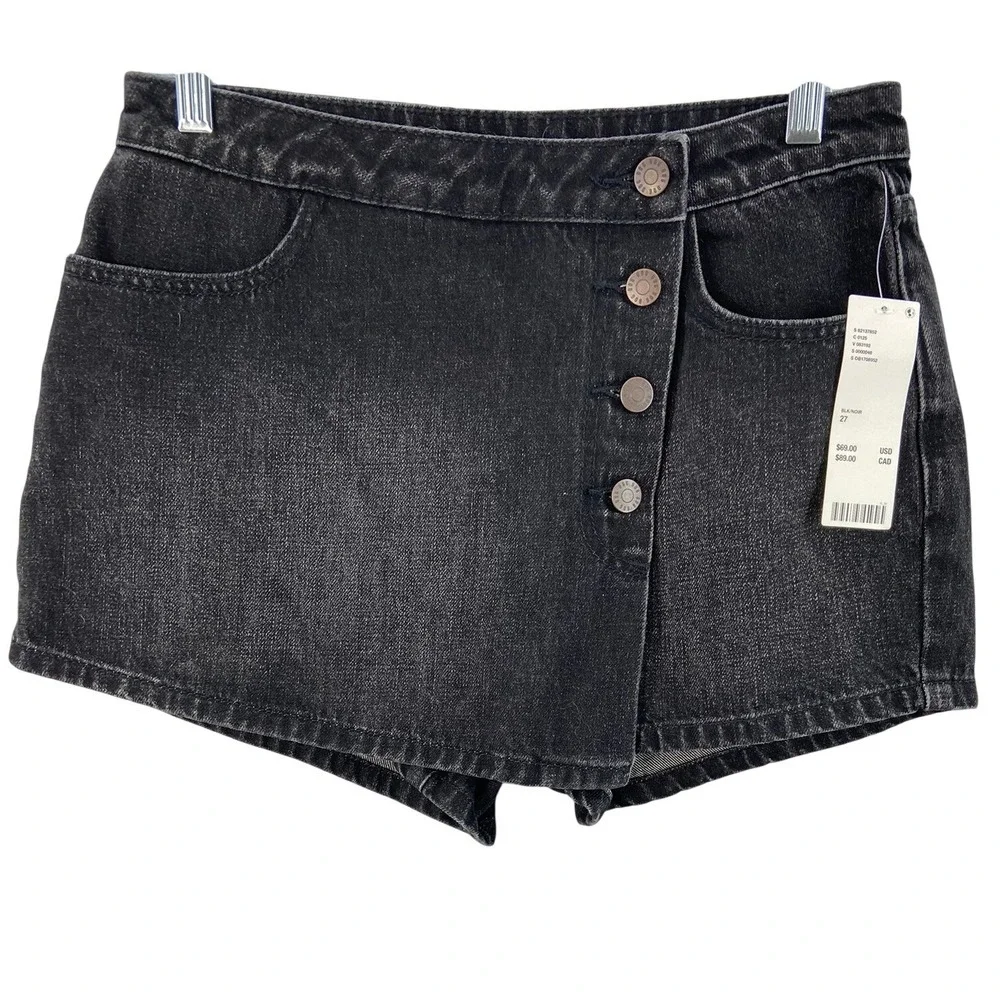 NWT BDG Denim Skort Women 27 Black Asymmetrical Button Front Urban Outfitters